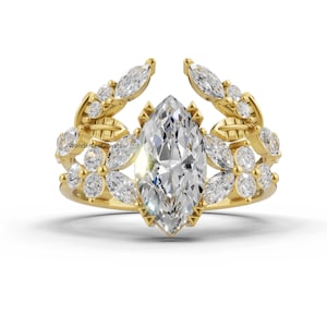 Marquise Cut Diamond Ring Set | Gold Floral Design | Vintage Leaf-Inspired Wedding Band | Nature Bridal Jewelry | Elegant Gift for Her