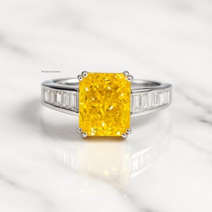 4.5 CT Fancy Yellow Radiant Cut Lab Grown Diamond Ring Baguette Side Stone Engagement Ring 14K White Gold Intense Yellow Lab Diamond Ring