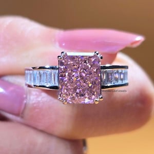 4.5 CT Elongated Radiant Fancy Intense Pink Lab Grown Diamond Ring Baguette Side Stones Pink Statement Ring Wedding Ring Set For Her