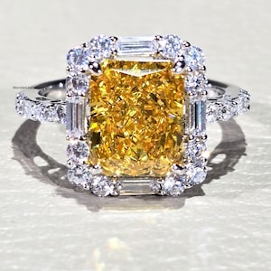 4 CT Radiant Cut Fancy Yellow Lab Grown Diamond Halo Ring Bold Statement Cocktail Ring Luxury Yellow Diamond Gift for Her, vintage ring