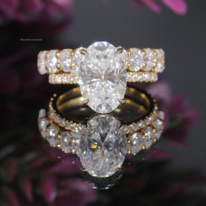 3.2 CT Oval Lab Grown Diamond Engagement Ring Wedding Ring Set Matching Full Eternity Band Hidden Halo Ring Bridal Set Promise Ring For Her