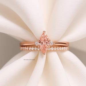 3 CT Marquise Peach Morganite Bridal Set in Rose Gold Lab Grown Diamond Cluster Engagement Ring with Matching Pave Wedding Eternity Band