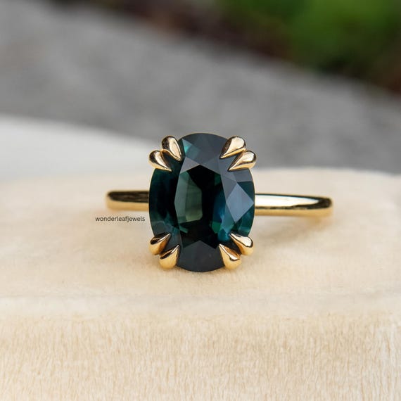 3 CT Oval Teal Sapphire Engagement Ring in 14K Yellow Gold, Vintage Inspired Solitaire Ring for Women Unique Dark Green Lab Grown Ring