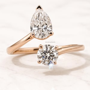 2 CT Toi et Moi Engagement Ring Pear & Round Cut Lab Grown Diamond Ring in 14K Rose Gold Two Stone Diamond Ring for Women Modern Bridal Ring