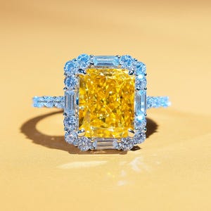 Unique Yellow Diamond Engagement Ring 4 CT Radiant Lab Grown Diamond Ring Halo Anniversary Ring Real Fancy Color Diamond for Women Gift