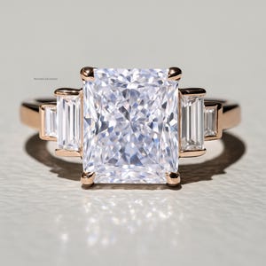 2.5 CT Radiant Cut Lab Grown Diamond Engagement Ring with Baguette Side Stones Rose Gold 3 Stone Bridal Wedding Ring Elegant Ethical Jewelry