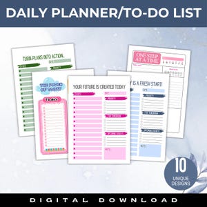 Puede incluir: Una colección de plantillas imprimibles de planificador diario y lista de tareas. Los diseños presentan varios diseños con espacio para tareas, prioridades, fechas y notas. El texto incluye "Daily Planner/To-Do List", "Turn Plans Into Action".