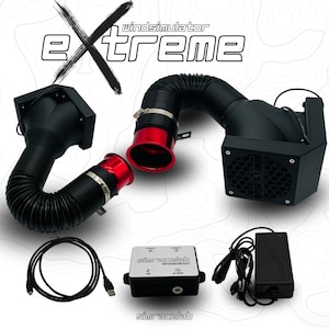 May include: A black and red wind simulator system with the text "extreme" and "windsimulator". The system includes a black fan unit, flexible black tubing with red accents, a control box, a power adapter, and a USB cable.