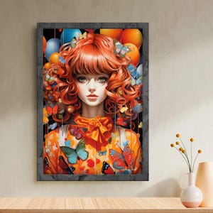 Giovane donna con palloncini e farfalle di capelli rossi