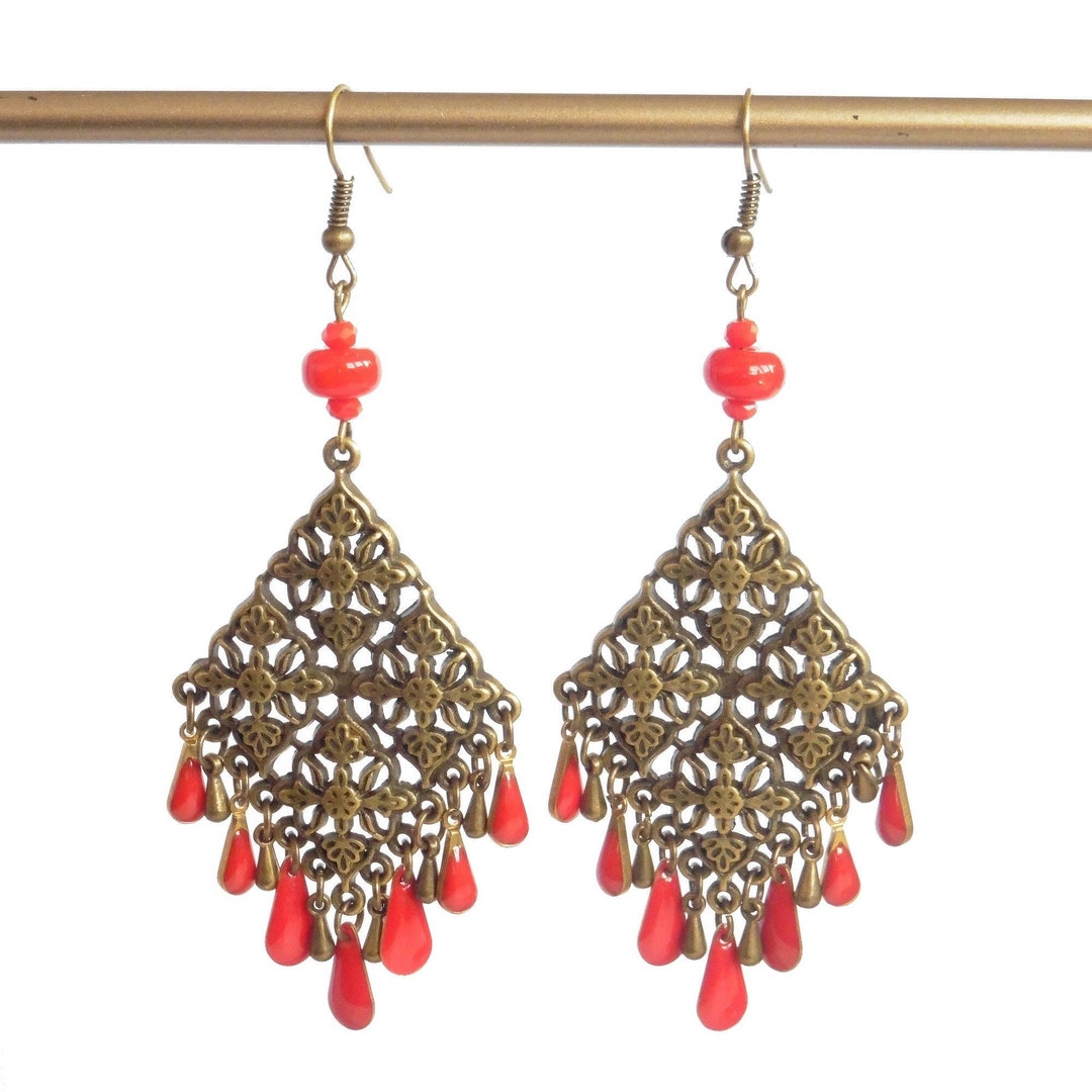 Antique Bronze Chandelier Earrings and Red Enameled Sequins Etsy