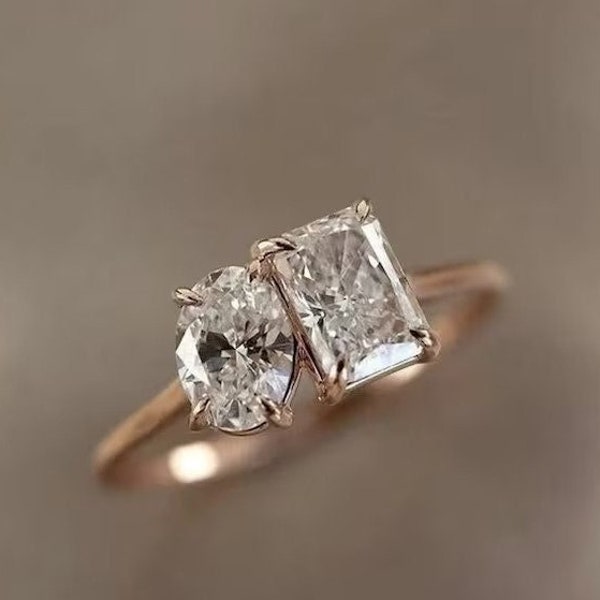 4.0 TCW Bague de fiançailles Moissanite ovale et radiante, bague Art déco vintage, bague double pierre Toi Et Moi, bague de mariage en or rose 14 carats