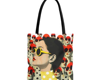 Bolso de mano con diseño de chica entre la multitud, colorido y moderno, accesorio artístico.