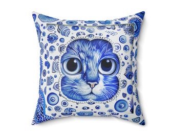 Vintage style Blue cat pillow, beautiful animal accent pillow, Home decor for cat lover, unique whimsical cat theme, delft style, case only