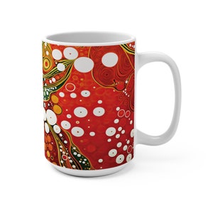 Colorful Abstract Art Ceramic 15oz Mug, unique vibrant whimsical art, Dishwasher Safe, Abstract art in Red & Green Mug, beautiful gift,