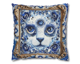 Blue Floral Cat Pillow Cover, Whimsical Delft Style