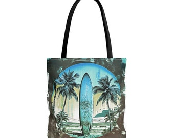 Blue surfboard vintage surf Tote Bag,  modern colorful beach inspired design, vibrant artistic surf accessory, all over print bag in 3 sizes