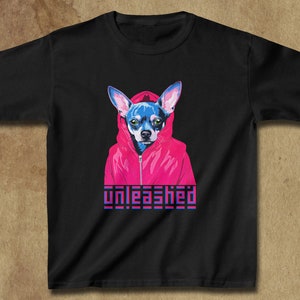 Kids Cotton graphic Tee shirt with a chihuahua in a hoodie titled "Unleashed" Original design