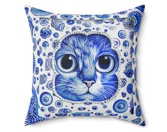 Blue Cat Pillow Cover, Delft Style Whimsical Accent