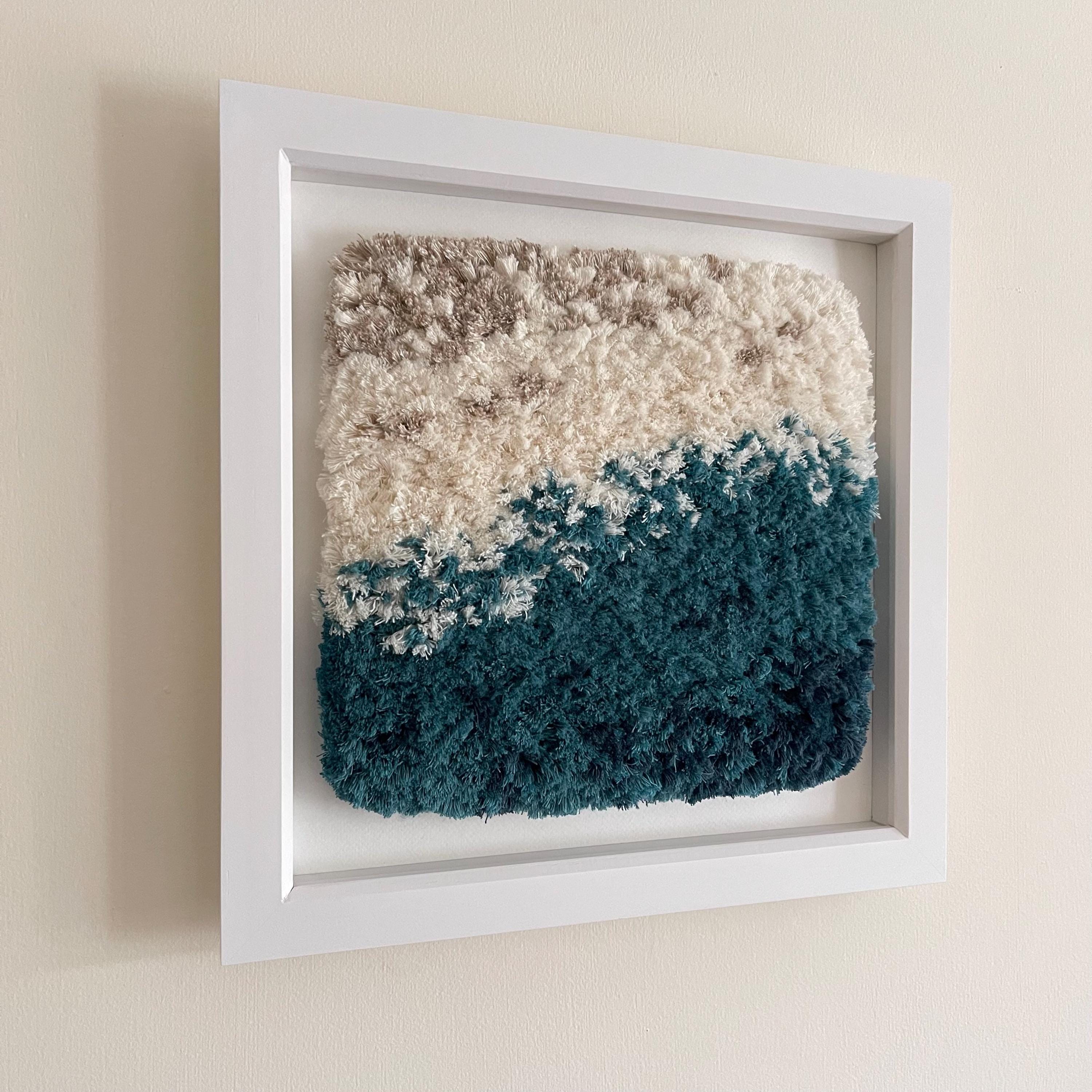 Large Shoreline Textile Art Weaving Sand and Turquoise in White Wood Frame