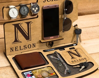 Personalized Wood Docking Station: Nightstand Organizer for Men