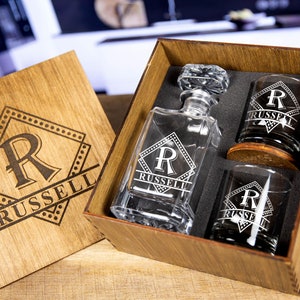 Engraved Whiskey Decanter Gift Set: Personalized Barware in Wooden Box, Birthday Bourbon Glasses