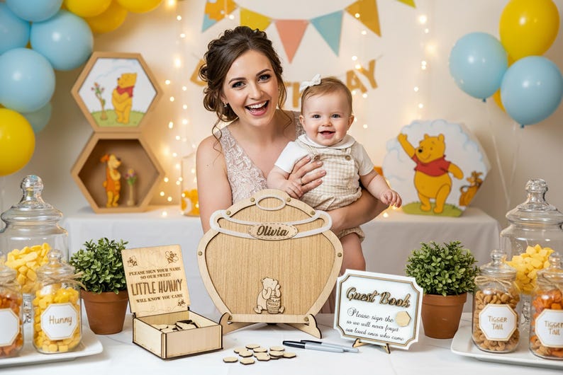 Classical Winnie the Pooh Honey Pot Baby Shower Guest Book, First Birthday Guestbook Keepsake image 5