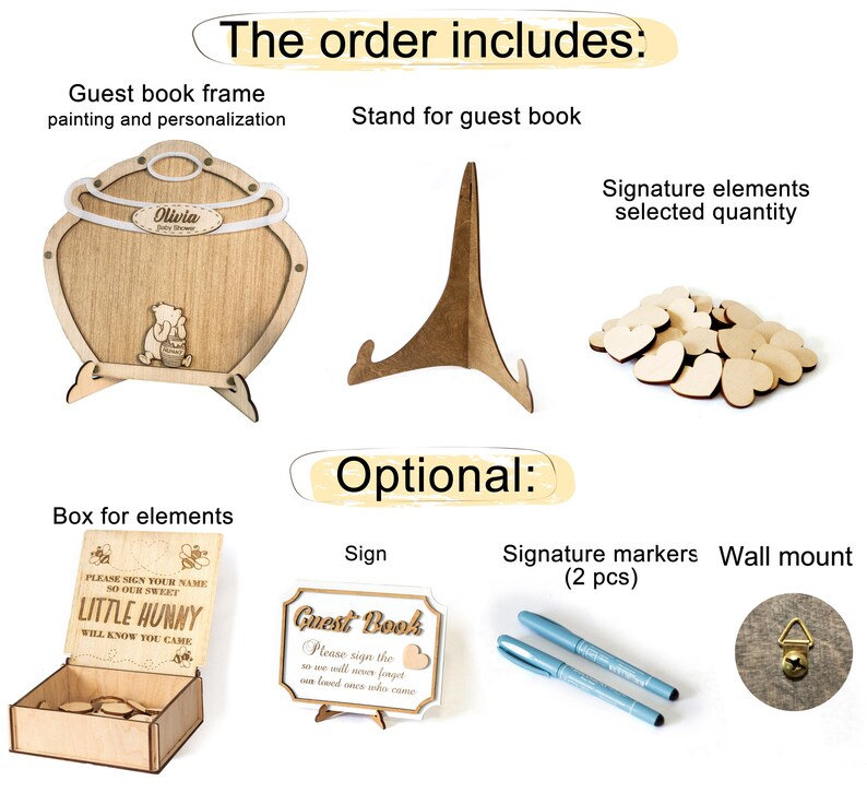 May include: A Winnie the Pooh themed guest book frame with a stand, a box for wooden heart signature elements, a sign that says "Guest Book", and two signature markers. The frame is personalized with the name "Olivia".
