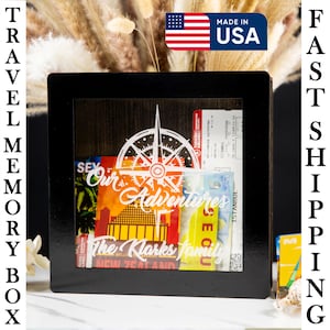 Personalized Wooden Travel Memory Box: Ticket & Souvenir Shadow Box, Customizable Gift for Couples