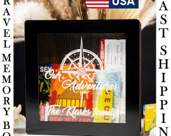 Personalized Wooden Travel Memory Box: Ticket & Souvenir Shadow Box, Customizable Gift for Couples