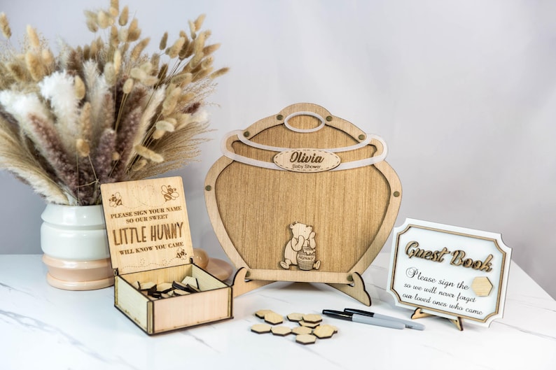 Guest Book in Winnie the Pooh Honey Pot Shape – Baby Shower, First Birthday, Wooden Memory Book, Party Keepsake, Cute Nursery Decor, Custom Wish Book, Kids’ Event Sign-in Book