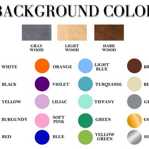May include: A chart of 20 different color swatches, including white, black, yellow, red, blue, green, orange, brown, gray, beige, turquoise, light blue, violet, lilac, tiffany, soft pink, burgundy, gold, silver, and gray, light, and dark wood.