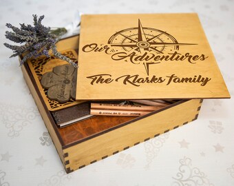 Personalized World Map Wooden Memory Box: Engraved Keepsake, Travels Adventure Gifts For Couples