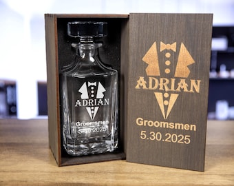 Personalized Whiskey Decanter Set: Groomsman Gift with Wood Box