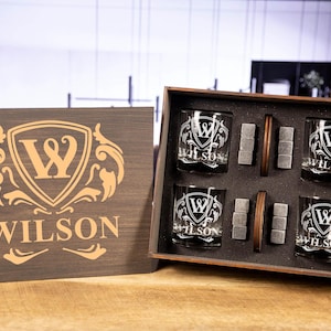 Personalized Whiskey Glass Set: Custom Engraved Bourbon Glasses, Birthday Gift, Wooden Box