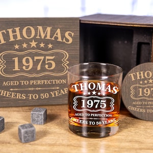 Personalized Cheers to 50 Years Whiskey Rocks Glass, Aged to Perfection, 50th Bourbon Glass, Cheers to 50th Birthday Gift Whiskey Glass