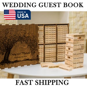 Custom Wedding Guest Book Alternative, Personalized Tumbling Tower Game, Engraved Wooden Block Guestbook for Couples with Name and Date
