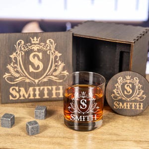 Custom Engraved Whiskey Glass Set: Personalized Bourbon Gift in Wooden Box
