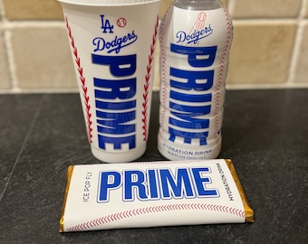 Bouteille pleine non ouverte de LA dodgers Prime hydratation, tasse froide de 24 oz et paquet de barres de chocolat