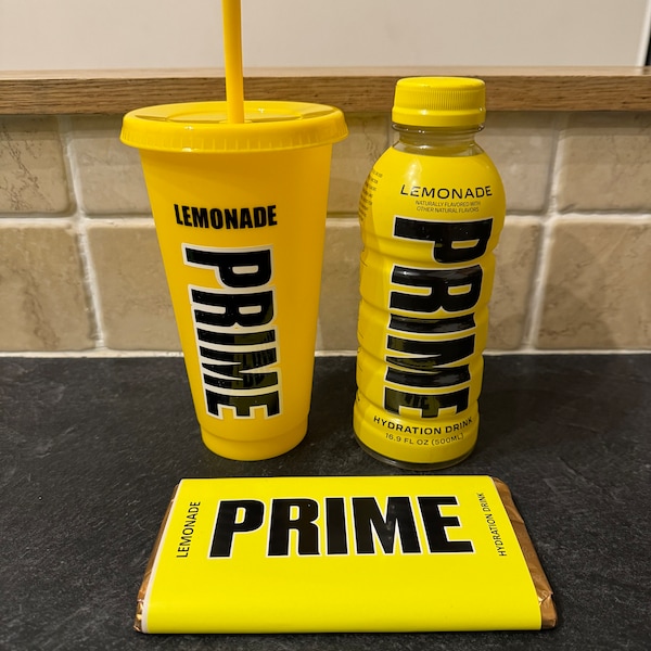 Prime hydration lemonade full unopened bottle, 24oz cold cup and chocolate bar set.