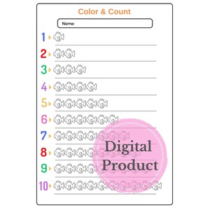 May include: A printable worksheet for kids to color and count fish. The worksheet features numbers 1 through 10 with a corresponding number of fish next to each number. The worksheet is labeled "Color & Count" and has a space for a name at the top.