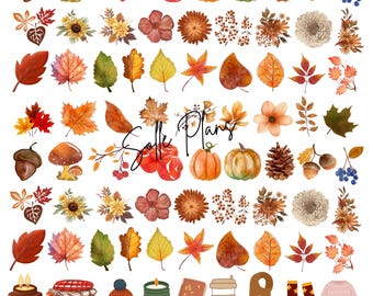 May include: A collection of fall-themed watercolor stickers featuring pumpkins, leaves, acorns, flowers, and cozy items like sweaters, scarves, and candles. The stickers are in warm autumnal colors, including orange, brown, and red, perfect for planners and crafts.
