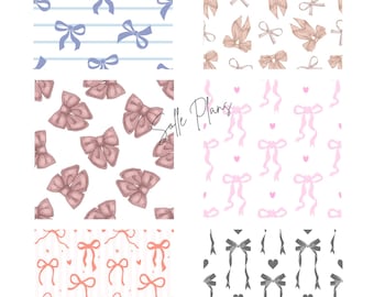 May include: A collection of six patterned designs featuring bows in various colors. The designs include bows on striped backgrounds, solid backgrounds, and with hearts. The color palette includes blue, pink, peach, and gray bows.
