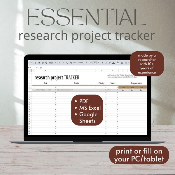 Research Project Tracker, Customisable Academic Planner, Printable PhD tasks template, Student Digital GoogleSheets research