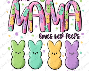 Puede incluir: Gráfico rosa y blanco con el texto "This Mama loves her peeps" y cuatro peeps en forma de conejito amarillo, verde, azul y morado con nombres escritos debajo.