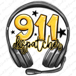 May include: A black and gray headset with a microphone, with the numbers 911 in yellow and the word "dispatcher" in black lettering.