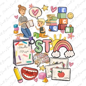 May include: A colorful illustration of a classroom with a teacher reading to a child. The illustration includes a rainbow, a sun, a brain, a mouth, a pencil, a stack of books, building blocks, and the word "START".