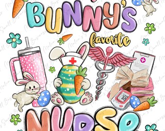 Puede incluir: Una ilustración colorida de un conejito vestido de enfermera sosteniendo un huevo de Pascua. El texto "every bunny's favorite nurse" está escrito en una fuente colorida y divertida.