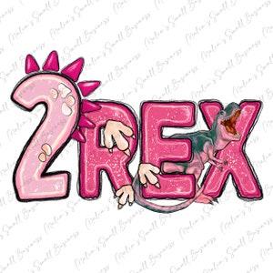 May include: Pink and green dinosaur graphic with the text "2REX" in pink. The dinosaur is partially hidden behind the letters.