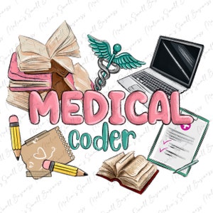 Può includere: Un'illustrazione rosa e turchese di un codificatore medico. L'illustrazione include un laptop, libri, matite, un blocco note, una clipboard e un simbolo medico.