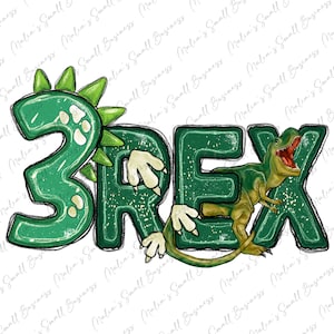May include: Green and white 3REX design with a dinosaur illustration. The letters are in a distressed font and the dinosaur is green with a white belly.